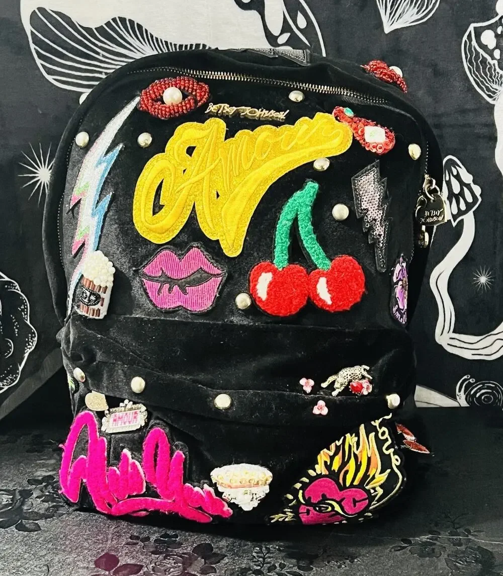 Betsey Johnson Embellished Punk Graffiti Backpack Black Rose Cherry Lips Studded